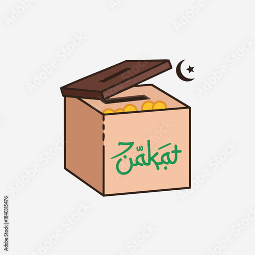 Zakat donation box icon with coins and Islamic crescent symbol - Ramadhan donation concept