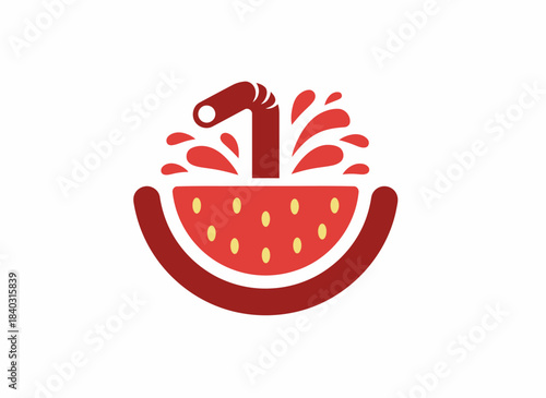 A graphic design featuring a red watermelon slice with a straw and juice splashes.