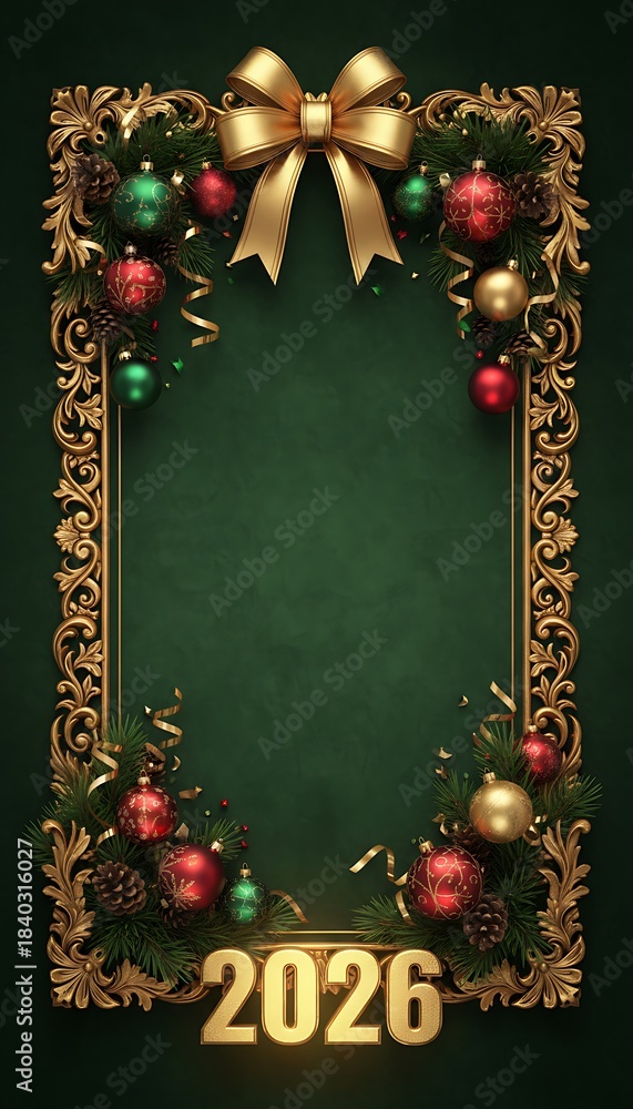 Fototapeta premium Luxury background christmas frame and new year design 2026 elegant holiday decoration festive environment celebratory viewpoint