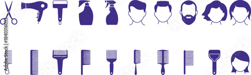 Hairdressing Salon Tools and Hairstyle Icons Collection with Scissors Dryer Combs Brushes and Human Heads

