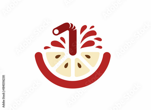 A stylized illustration of a slice of fruit with a straw and splashing liquid, representing a refreshing beverage.