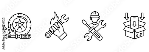 Factory Labor & Production Thin Line Vector Set. Icons depict Spare Parts, Product Packaging, and Human Labor in industry. Isolated vector outline illustrations with editable stroke.
