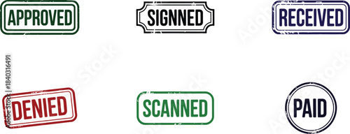 Distressed Business and Document Status Rubber Stamps with Approved Signed Received Denied Scanned Paid Text
