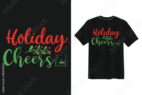 Holiday Cheers text with bottles and glass on black background
