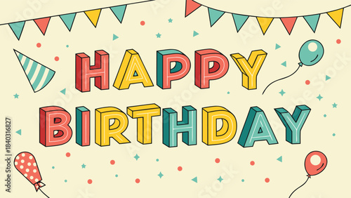 Happy Birthday greeting card. birthday celebration vector illustration featuring bold 3D block letters spelling ‘HAPPY BIRTHDAY’ with retro marquee-style lights inside each letter.