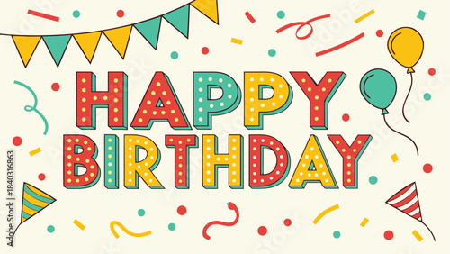 Happy Birthday greeting card. birthday celebration vector illustration featuring bold 3D block letters spelling ‘HAPPY BIRTHDAY’ with retro marquee-style lights inside each letter.