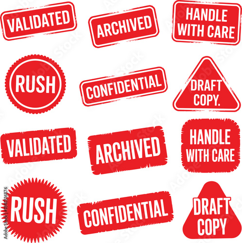 document rubber stamps and labels set with grunge effect for office or digital use including rush confidential and validated
