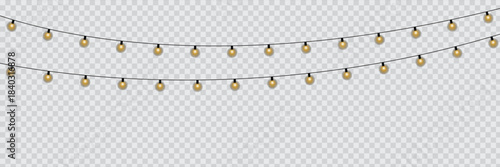 Fairy golden glowing christmas lights for decoration and festival celebration. Holiday sparkle brightens the dark scene. Editable vector illustration.