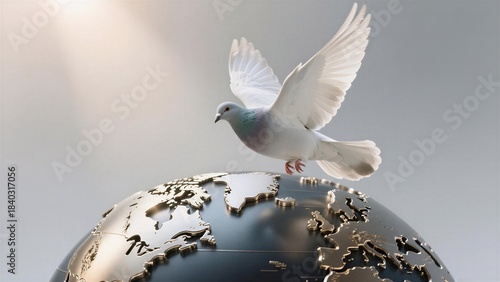 A white dove in graceful flight above a golden globe, symbolizing peace and global unity under soft radiant light.