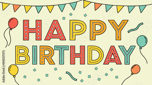 Happy Birthday greeting card. birthday celebration vector illustration featuring bold 3D block letters spelling ‘HAPPY BIRTHDAY’ with retro marquee-style lights inside each letter.
