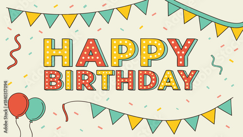 Happy Birthday greeting card. birthday celebration vector illustration featuring bold 3D block letters spelling ‘HAPPY BIRTHDAY’ with retro marquee-style lights inside each letter.