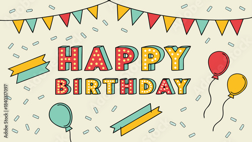 Happy Birthday greeting card. birthday celebration vector illustration featuring bold 3D block letters spelling ‘HAPPY BIRTHDAY’ with retro marquee-style lights inside each letter.