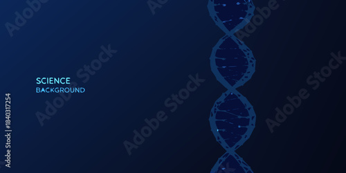 Blue abstract background featuring a double helix dna structure and science text