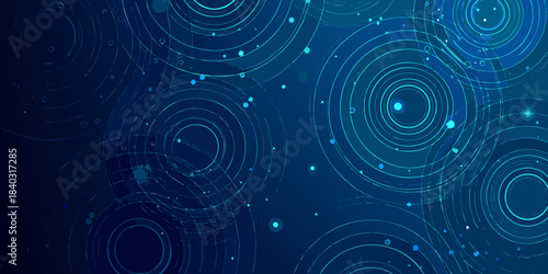Abstract blue background featuring concentric circles and scattered glowing dots