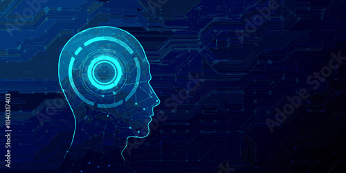 Digital human head silhouette with glowing circuits and a technological background