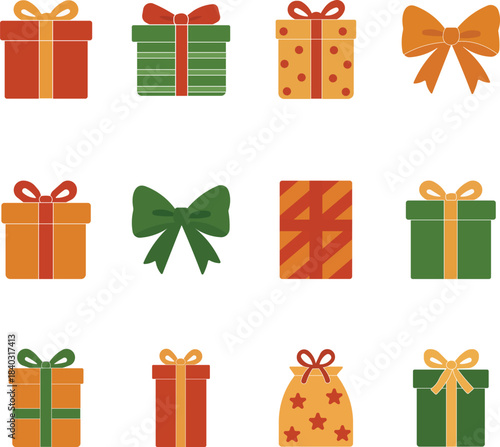 Gift line icon set with ribbon and present boxes.