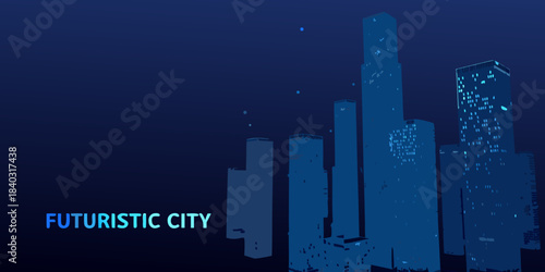 A digital rendering of a futuristic metropolis skyline at night