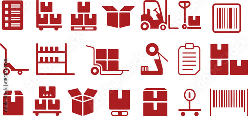 logistics warehouse and shipping icons set with boxes forklift and barcode for business needs
