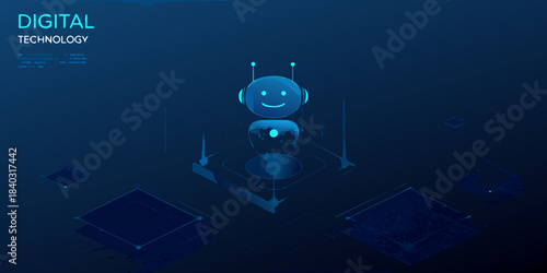 Futuristic robotic technology with a smiling face and digital network connections