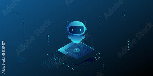 A futuristic robot stands on a digital platform with a dark blue background