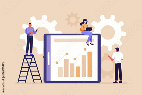 Team collaboration and data analysis visualized with technology and gear elements