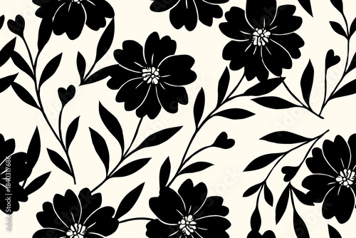 Elegant black floral pattern with bold blossoms and leafy branches on a soft cream background, creating a stylish and timeless botanical design.