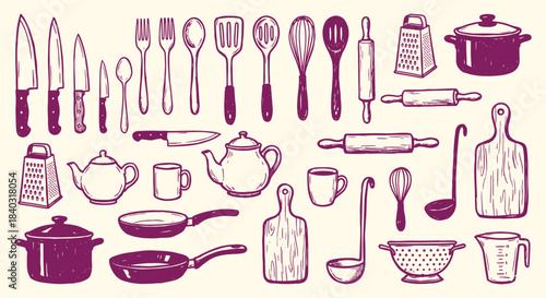 Kitchen. Utensil. Cooking. A purple hand drawn vector doodle set of various kitchen tools for a recipe book, a food blog, a restaurant menu, or a creative packaging design element.