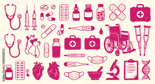 Medical. Healthcare. Icon Set. A pink vector collection of medical and hospital icons with a grunge texture for a doctor's office, a clinic's branding, or a health insurance design.