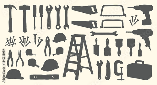 Tools. Hardware. Silhouette. A gray vector icon set of various construction and carpentry tool silhouettes for a hardware store's branding, a DIY blog, or a workshop design element.