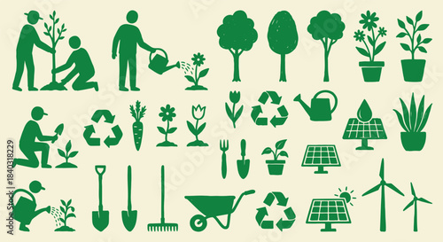Gardening. Eco. Icon Set. A green vector silhouette collection of gardening tools and eco-friendly symbols for a nursery's branding, a sustainability project, or an environmental design.