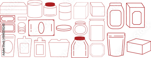 packaging containers icons vector, various boxes, jars, bottles, and pouches design
