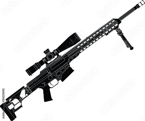 Silhouette of a sniper rifle with a scope side view vector illustration. Sniper rifle black and white. 