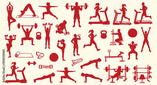 Fitness. Gym. Workout. A red vector silhouette icon set of people exercising and gym equipment for a fitness center's branding, a workout app, a personal trainer's logo, or a health blog.