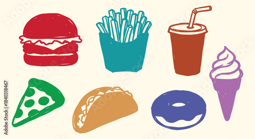 Fast Food. Hand Drawn. A colorful vector doodle set of classic junk food icons for a restaurant menu, a food truck's branding, a fun poster, or a creative social media graphic design.