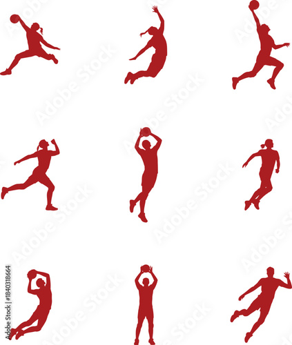 female basketball silhouettes vector, including jumping, shooting and dribbling actions, sport design
