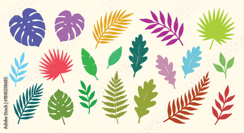 Tropical. Leaf. Silhouette. A colorful vector collection of various tropical leaves like monstera and palm for a summer party invitation, a botanical wall art print, or a jungle pattern.