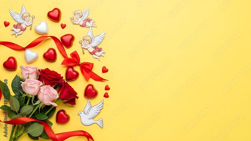 Naklejka premium Valentine's Day Decorations Romantic Roses, Cherubs, Hearts, and Ribbons on Yellow Background