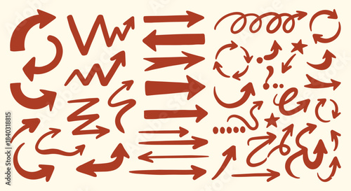 Arrow. Hand Drawn. Doodle. A red vector set of various creative arrows with a grunge texture for a presentation, a mind map, a social media post, or a fun and dynamic design element.