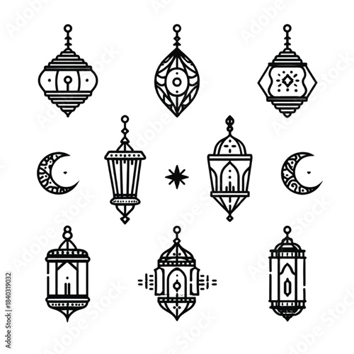 Ramadan Kareem Ornament Pack Featuring Crescent Moons, Lanterns and Islamic Pattern Shapes for Holy Month Projects