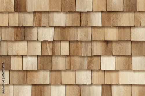 Close-up of layered, rectangular wooden shingles, arranged in a textured, overlapping pattern