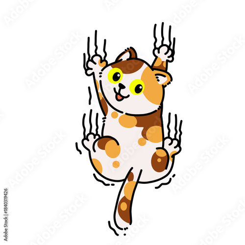 Energetic cartoon cat leaping with extended claws and excited expression, capturing playful movement and lively pet behavior in a cute illustration.