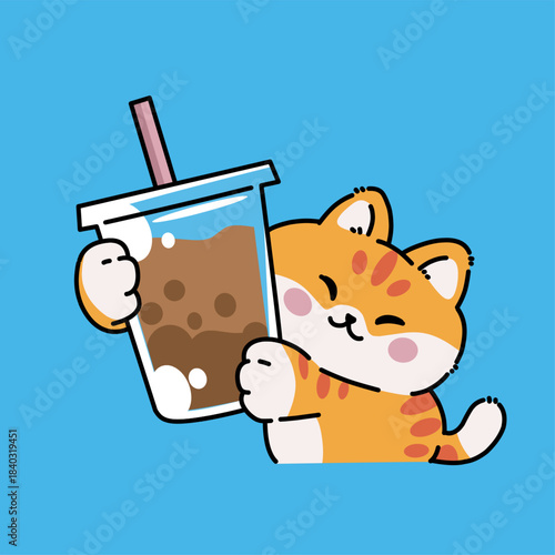 Cheerful cartoon cat happily holding a cup of bubble tea.