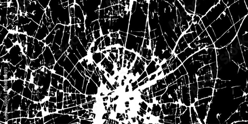 Black grunge texture background with shattered glass effect and polished and curved white stains or veins, cracked fragments, distressed noise, and dramatic broken details.