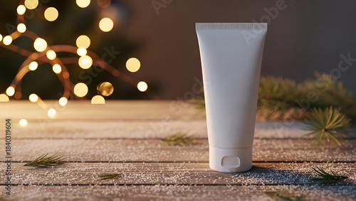 White Cosmetic Tube on Wooden Surface with Warm Holiday Lights