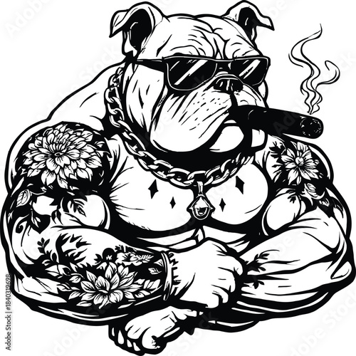 Stylized muscular bulldog vector with sunglasses, tattoos, cigar and tough pose for bold character and mascot concepts