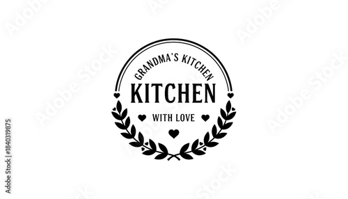 Grandma's Kitchen with Love logo design, featuring a classic laurel wreath and hearts, perfect for home decor, family recipes, and cooking themes.