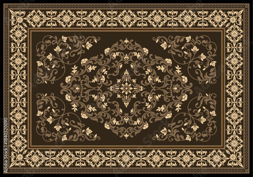 Vintage brown damask rug with golden floral vines, ornate borders, and a classic ornamental centerpiece.
