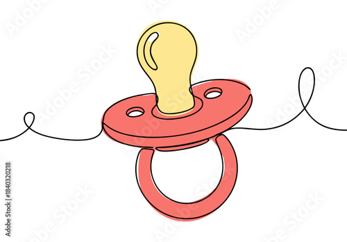 A continuous line art drawing of a baby pacifier with a yellow nipple and a red shield, on a transparent background.