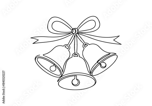 A black and white line drawing of three jingle bells tied together with a ribbon and bow.