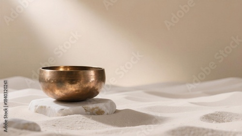 Golden singing bowl resting on a stone in serene sand, bathed in soft light, evoking tranquility and mindfulness.